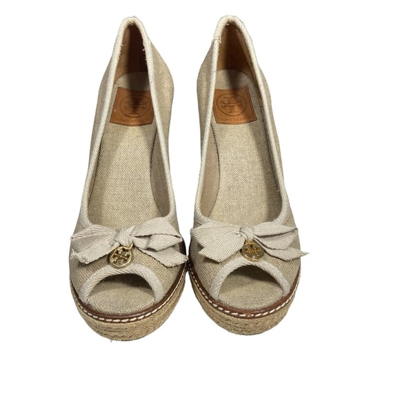 Tory Burch Jackie canvas peep toe wedge espadrille heels 9.5 M - Picture 11 of 14